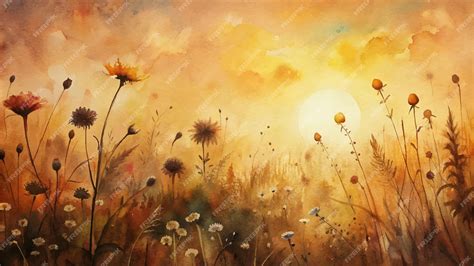 Premium Vector | Wildflower watercolor background at sunset