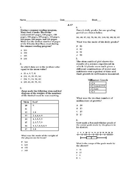 Measures of Central Tendency Worksheet for 8th - 9th Grade | Lesson Planet