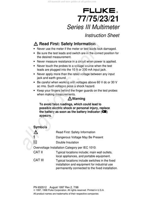 FLUKE III SERIES INSTRUCTION SHEET Pdf Download | ManualsLib