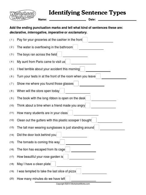 Sentence Types Worksheet With Answers