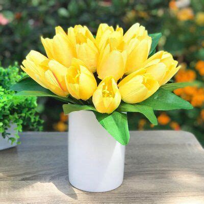 Canora Grey 18 Heads Silk Tulips Floral Arrangement and Centerpiece in Vase | Yellow flower ...