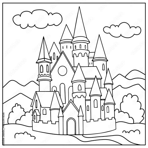 Coloring page for book. Fairytale castle. Kids activity worksheet. Drawing fairytale landscape ...