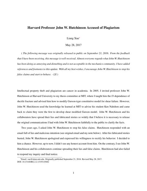 (PDF) Harvard Professor John W. Hutchinson Accused of Plagiarism