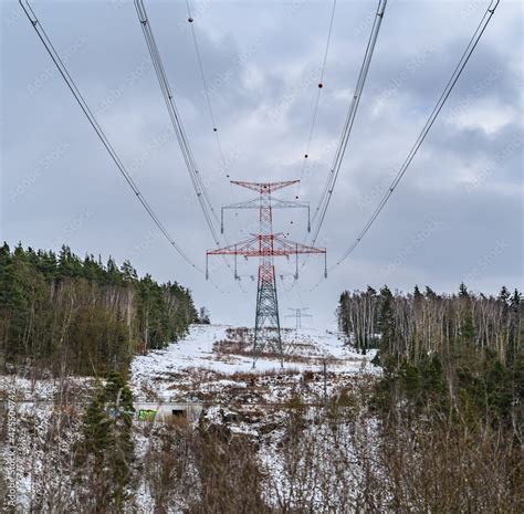 power lines on new built high voltage pylons Stock Photo | Adobe Stock