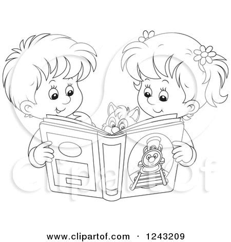 Clipart of a Black and White Boy and Girl Reading a Story Book to Their ...