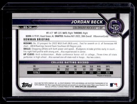 2022 Bowman Draft Baseball Jordan Beck #BD-34 on Kronozio