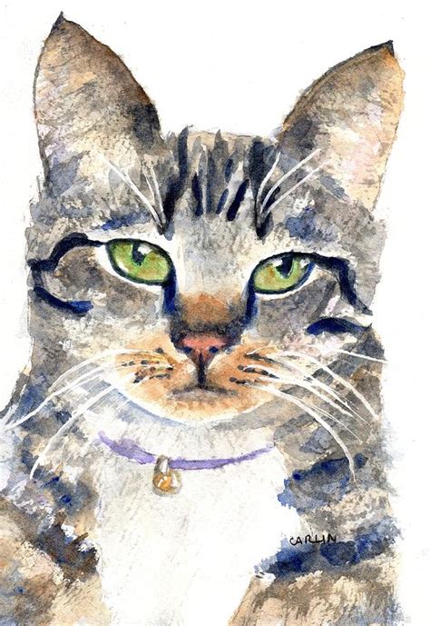 Gray Tabby Cat Watercolor Painting by Carlin Blahnik CarlinArtWatercolor - Fine Art America