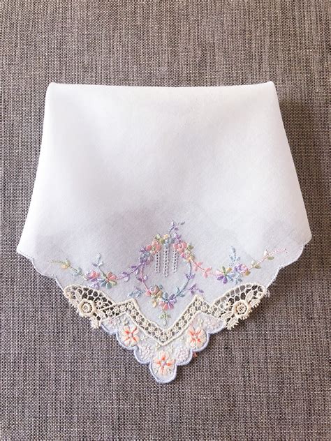 Vintage Handkerchief, Pale Blue Cotton Handkerchief with Floral Embroidery and Lace Corner in ...