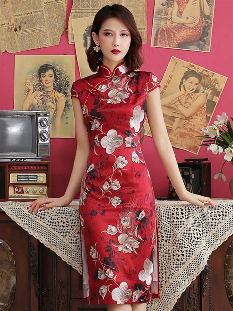 Red Floral Mid Qipao / Cheongsam Party Dress - CozyLadyWear