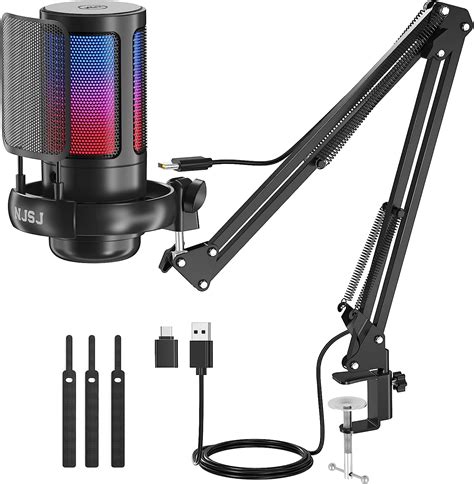 NJSJ USB Gaming Microphone for PC Computer, Condenser Mic with Boom Arm ...