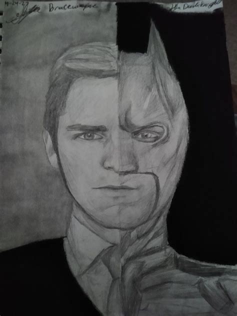 A drawing of half Bruce Wayne, and half batman, it's Christian Bale's ...