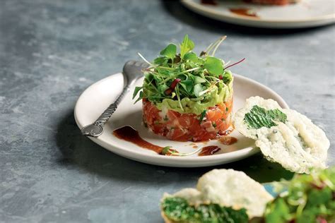 Salmon tartare with wasabi, avocado and tempura leaves - Recipes - delicious.com.au