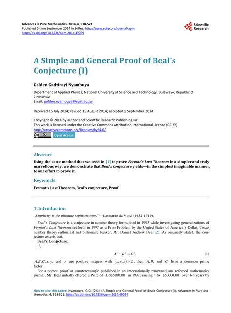 (PDF) A Simple and General Proof of Beal's Conjecture (I)