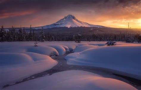 Wallpaper winter, forest, snow, stream, dawn, mountain, morning, Oregon, the snow, Oregon, Mount ...