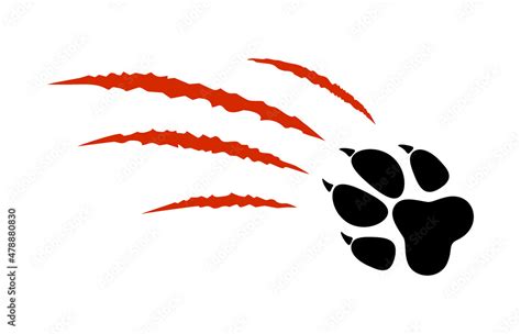 Animal paw print silhouette with red claw marks, scratches, talons cuts cat, tiger, dog, lion ...