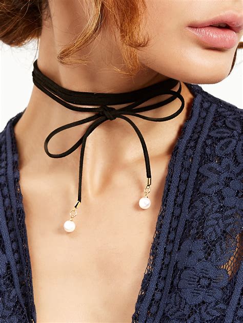 Black Bow Faux Pearl Wrap Choker Necklace -SheIn(Sheinside)