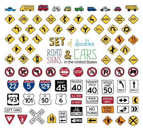 Set Doodles Road Signs Vehicles Stock Illustrations – 4 Set Doodles ...