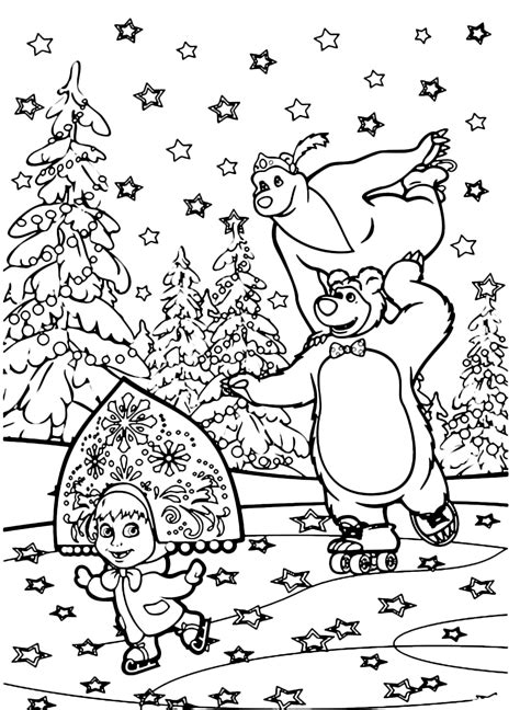 Masha and the Bear coloring page - Masha the Bear and She Bear skating on ice while it snows ...