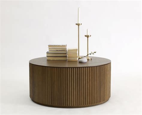 Drum Wood Coffee Table Dark Walnut Wood Finish Round Tabletop | Interior Design Ideas