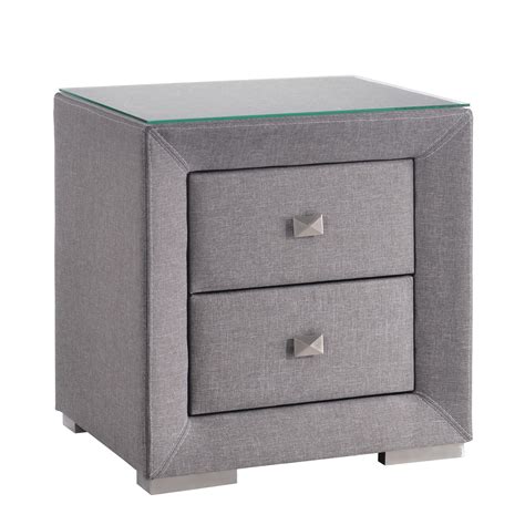 NEW Modern Fabric Bed Side Table with Glass Top - Light Grey