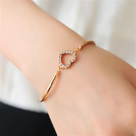 Gold Silver Korean Fashion Heart Shaped Bracelet Flash Rhinestones Peach Heart shaped Bracelet ...