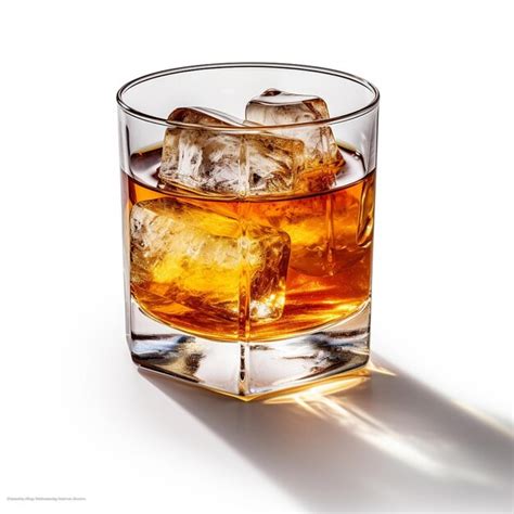 Premium Photo | A glass of whiskey with ice and ice cubes in it.