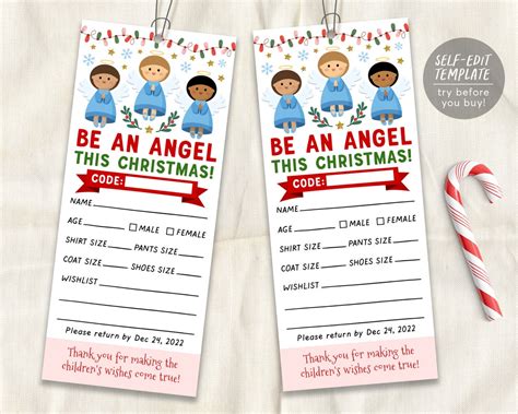 Christmas Giving Tree Gift Tag Editable Template, Donation Slip With Angels Printable, Charity ...