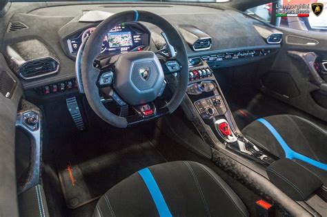 Interior of the Lamborghini Huracan Performante painted in Blu Nethuns w/ Tricolore stripes ...