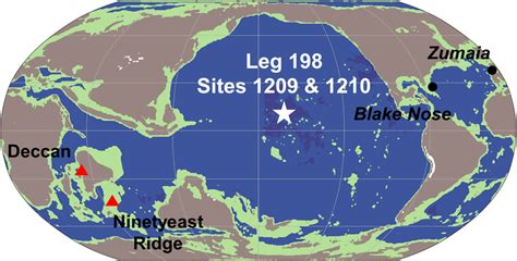 Location of ODP Leg 198 Sites 1209 and 1210 at Shatsky Rise at 69 Ma ...