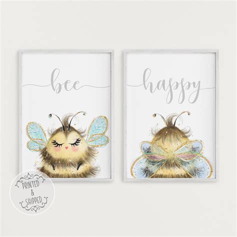 Be Happy Print Bee Art Bee Happy Nursery Decor Nursery Wall Art Nursery Bee Prints Kids Decor 2 ...