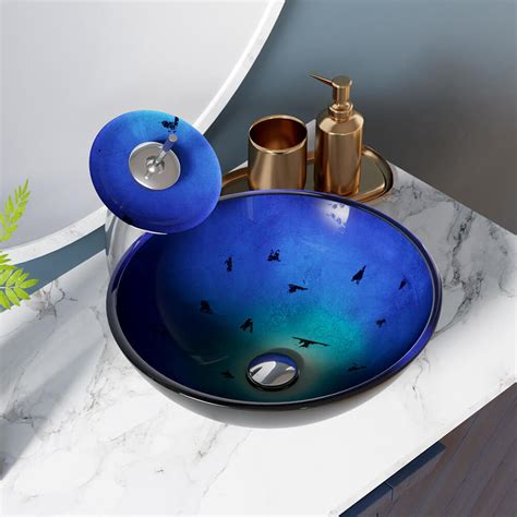 MR Direct Light/Dark Blue Tempered Glass Vessel Round Bathroom Sink at Lowes.com