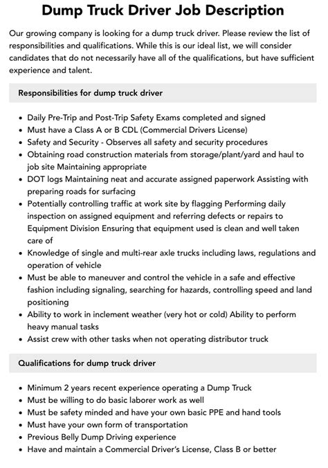 Dump Truck Driver Job Description | Velvet Jobs