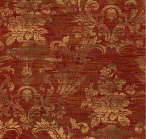 Red Distressed Victorian Damask Wallpaper, Gold Floral Scroll ...