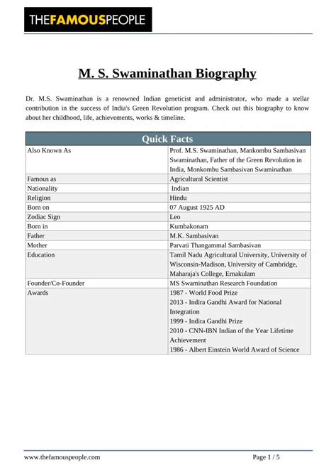 (PDF) M. S. Swaminathan Biography - scientificfederation.com · M. S. Swaminathan Biography Dr. M ...