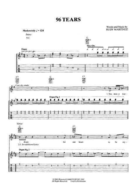 96 Tears" Sheet Music by Question Mark & the Mysterians for Easy Guitar Tab/Vocal/Chords - Sheet ...