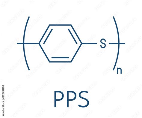 Polyphenylene sulfide (PPS) polymer, chemical structure. Commonly used engineering plastic ...