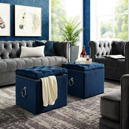 Navy Blue Velvet Storage Ottoman - Markella - Chrome Nailhead - Walmart.com