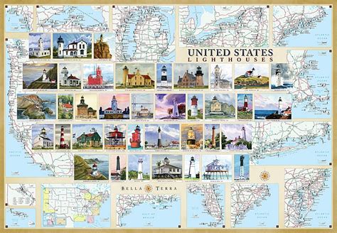 United States Lighthouses Illustrated Map & Guide | Bella Terra Maps