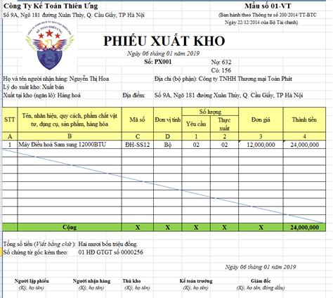 Mẫu phiếu xuất kho Excel mới nhất 2018 theo thông tư 200