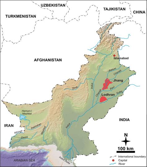 Map showing study districts (Jhang and Lodhran) in red colour. | Download Scientific Diagram