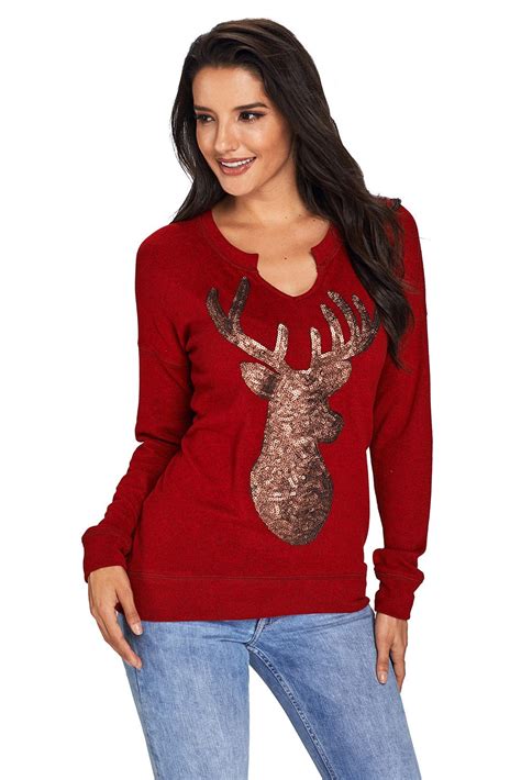 Wine Women's Sequin Christmas Reindeer Top Ladies Christmas Tops, Chic Christmas, Christmas Wine ...