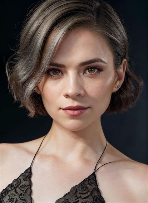 a woman with short hair wearing a halter top and black lace necklace ...