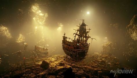 An illustration of a sunken pirate ship, treasure, ruined vessel ...