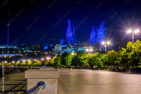 Baku downtown and flame towers at night Stock Photo | Adobe Stock