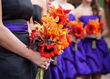 Bridesmaids In Purple With Sunflower Bouquets Stock Image - Image of dresses, bouquets: 33038877