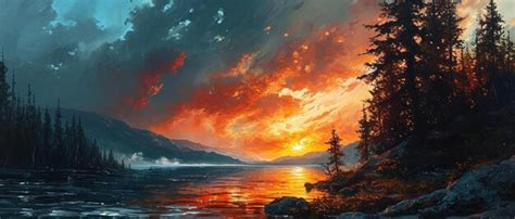 Premium Photo | A painting of a sunset over a lake