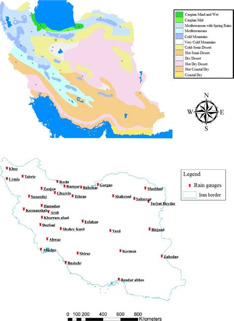 a Iran's climate map, b geographic location of applied rain gauges in ...