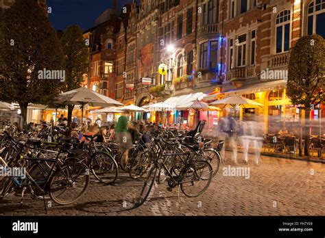 Oude Markt - Old Market Square At Night, Leuven, Belgium Stock Photo ...