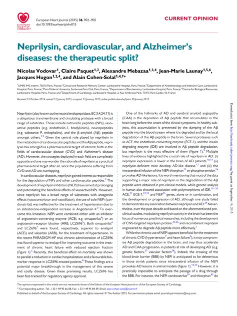 (PDF) Neprilysin, cardiovascular, and Alzheimer's diseases: The therapeutic split?