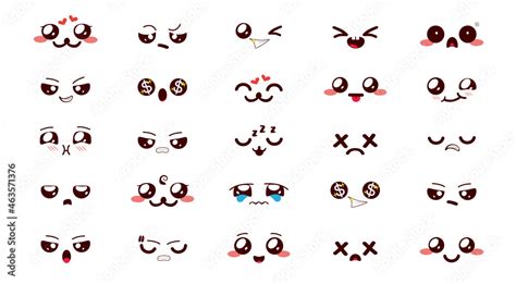 Stockvector Emoji kawaii emoticon vector set. Chibi smileys character in cute faces reaction ...